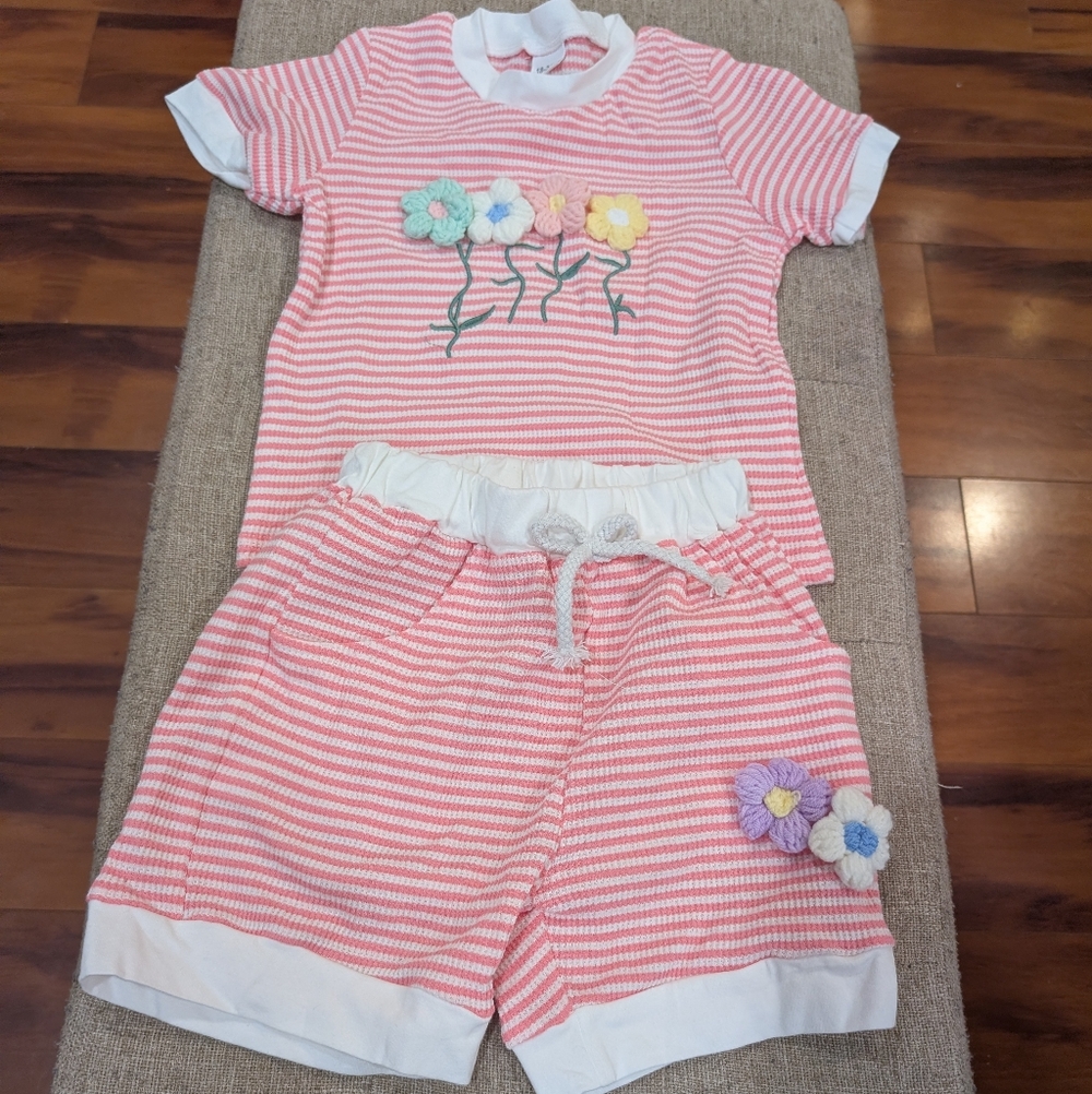 Pink Striped Floral Embroidered Set
